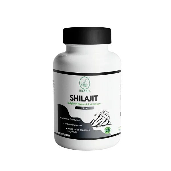 Flacon blanc Urania Shilajit 350 mg 60 gélules avec illustration de montagne
