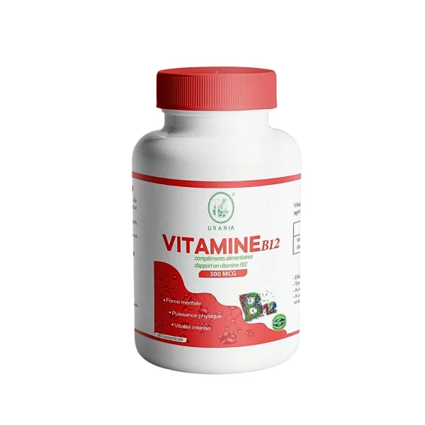 Flacon Urania Vitamine B12 500 mcg 60 comprimés à bouchon rouge