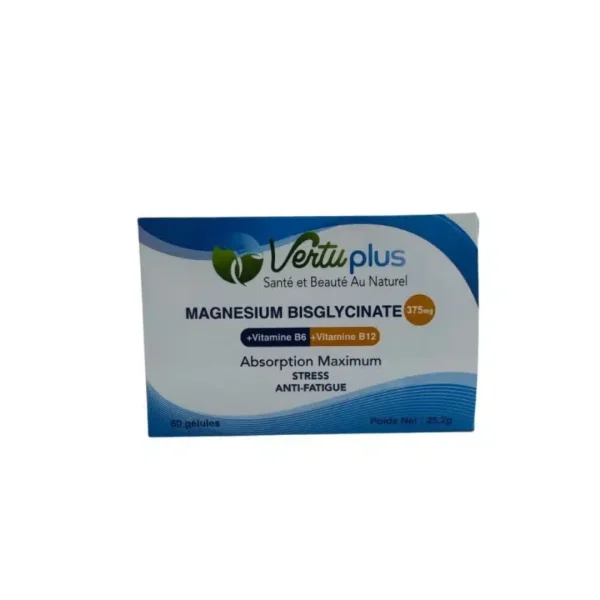 Boîte bleue et blanche VertuPlus magnésium bisglycinate 375 mg 60 gélules