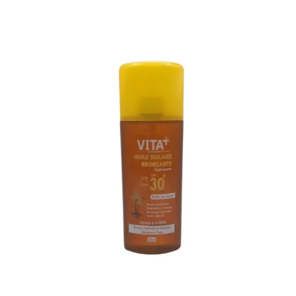 Flacon ambré Vita+ huile solaire bronzante SPF30+ à capuchon jaune, 150 ml