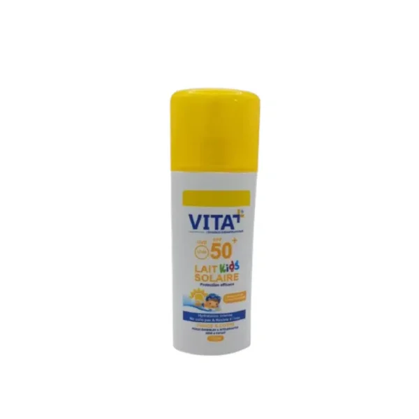 Flacon blanc Vita+ lait solaire Kids SPF50+ à capuchon jaune, illustration enfant