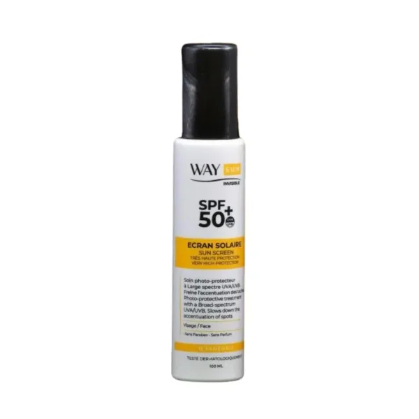 Flacon blanc Way Sun Invisible SPF50+ de Wayderma avec bouchon noir