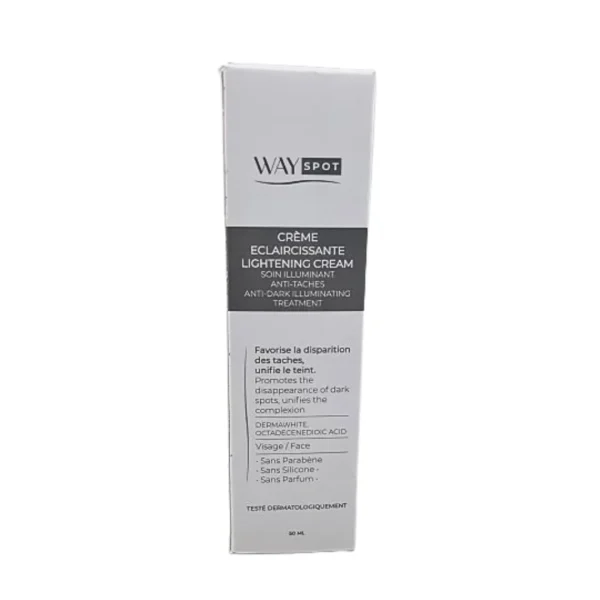 Étui gris et blanc de la crème éclaircissante Way Spot de Wayderma