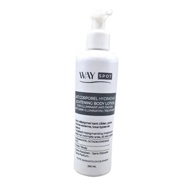 Flacon pompe blanc du lait corporel Way Spot de Wayderma, étiquette grise