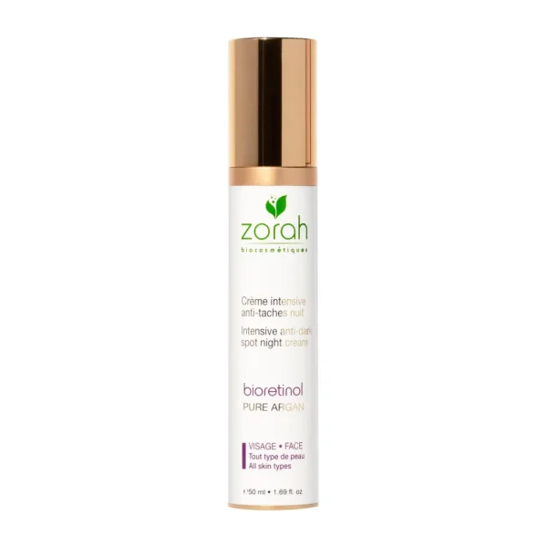 Flacon pompe blanc et doré de la crème anti-taches nuit Zorah Bioretinol 50 ml