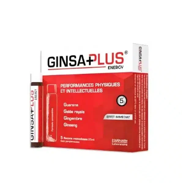 Étui rouge Ginsa+Plus Energy et flacon monodose de 25 ml