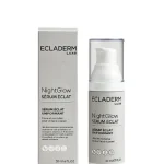 Étui gris et flacon pompe Ecladerm NightGlow sérum éclat 30 ml
