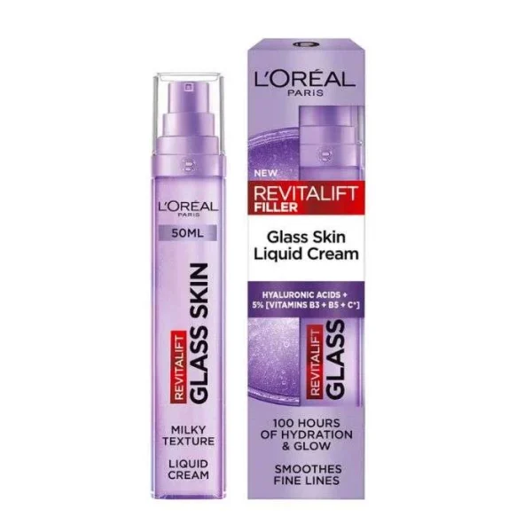 Flacon pompe et boîte violets L'Oréal Revitalift Filler Glass Skin Liquid Cream